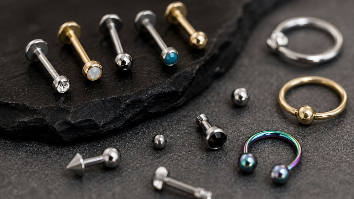 Hypoallergenic body jewelry including titanium and gold pieces displayed on dark stone surface
