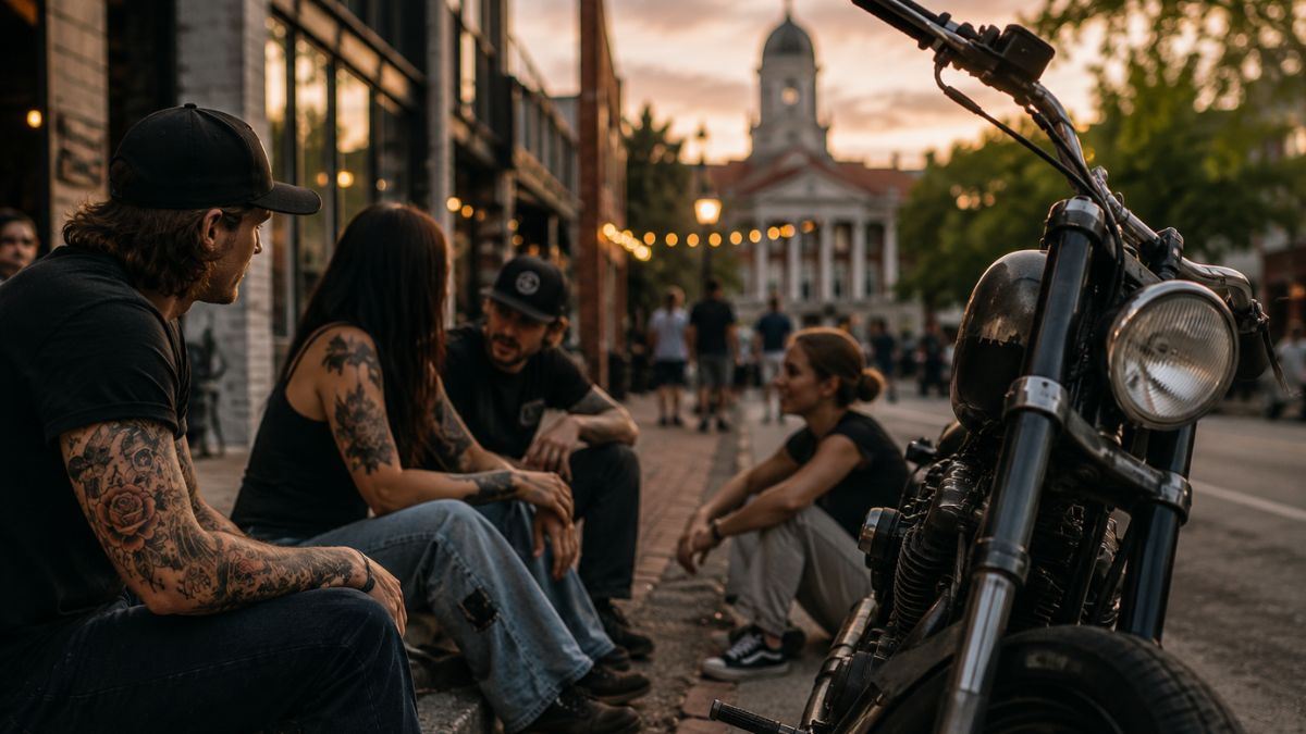 Golden hour scene with vintage motorcycle representing Athens creative culture