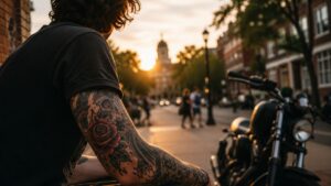 Golden hour pause in city streets