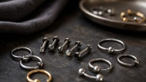 Metallic body jewelry on textured surface