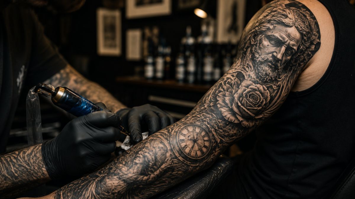 Tattoo artist working on detailed sleeve tattoo design