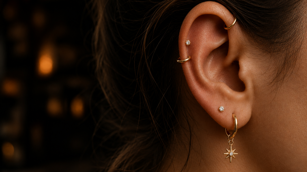 Ear stacking guide showing common piercing placements and styling examples