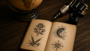 Open notebook on a wooden desk with tattoo-style drawings: a rose, a swallow, a koi fish, and a compass.