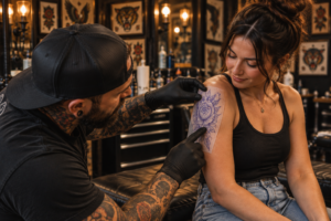 Tattoo Consultation with Floral Stencil