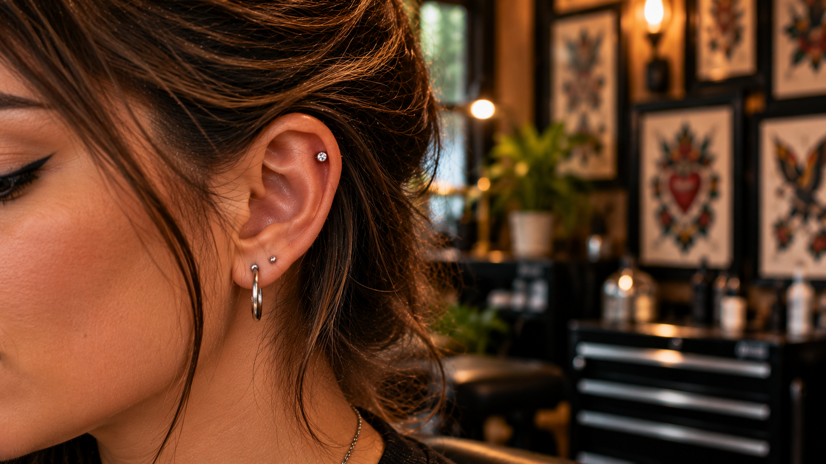 Close-up of a professionally placed cartilage piercing with quality jewelry in a warm studio setting