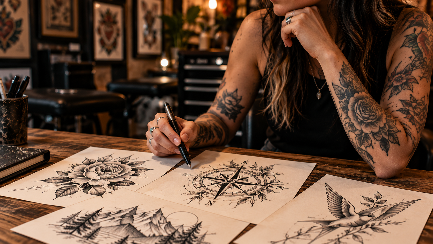 Tattoo artist sketching meaningful custom tattoo designs in a creative notebook